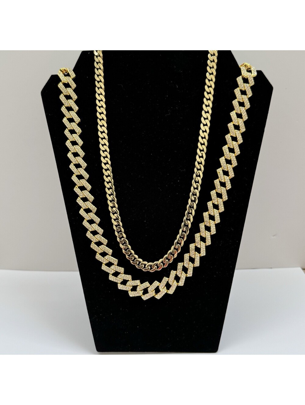Two Gold Tone Cuban Link Necklaces, 26 And 18 in, Pave Cz Stones, Men’s/unisex
